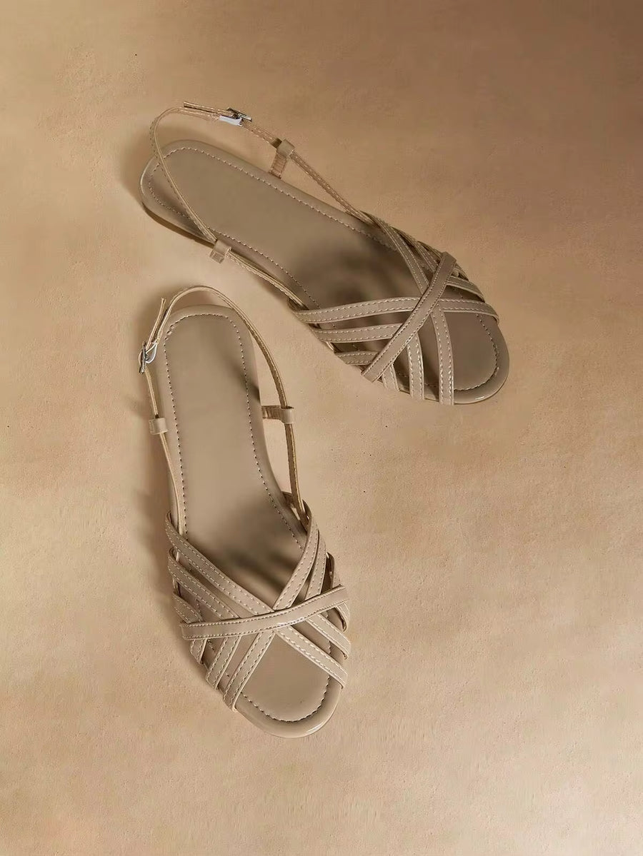 Rosivie Women Shoes Outdoor Women's Flat Bottom Pu Light Fabric Cross Belt Design Stylish, Simple, Comfortable And Breathable Daily Beach Buckle Shoes Summer Shoes